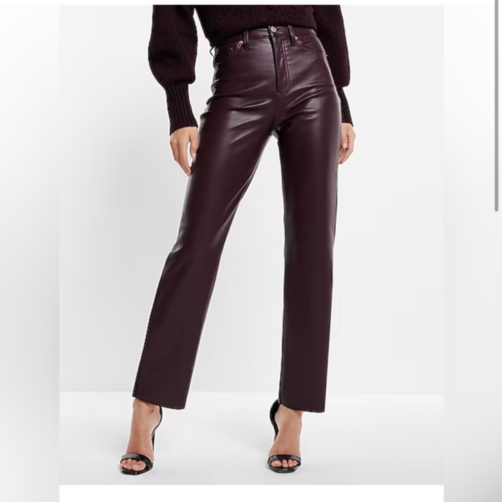 Express Dark Burgundy Faux-Leather Straight Leg Pants